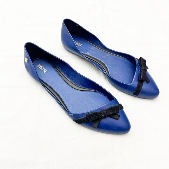 Melissa Trippy Pointed Toe Ballet Flats Blue Black Bow Accent Size 9 - Picture 6 of 6